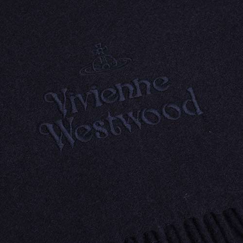 Vivienne Westwood 長版刺繡行星LOGO羊毛圍巾(深藍)