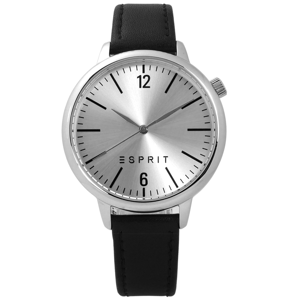 ESPRIT 簡約中性品味數字真皮手錶-銀x黑/39mm