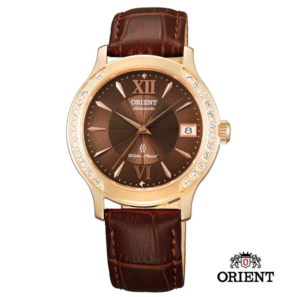 ORIENT 東方錶 ELEGANT系列 優雅鑲鑽機械錶-咖啡色/36mm