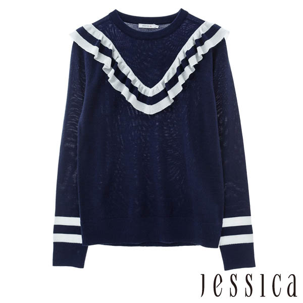 JESSICA RED-學院知性荷葉條紋羊毛針織上衣(藍)