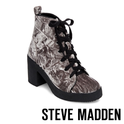 STEVE MADDEN-ABBY-GRY VELVET-厚底粗跟綁帶短靴-絨灰