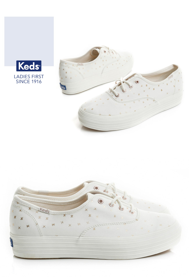 Keds TRIPLE 燙金圖騰厚底綁帶休閒鞋-奶油白