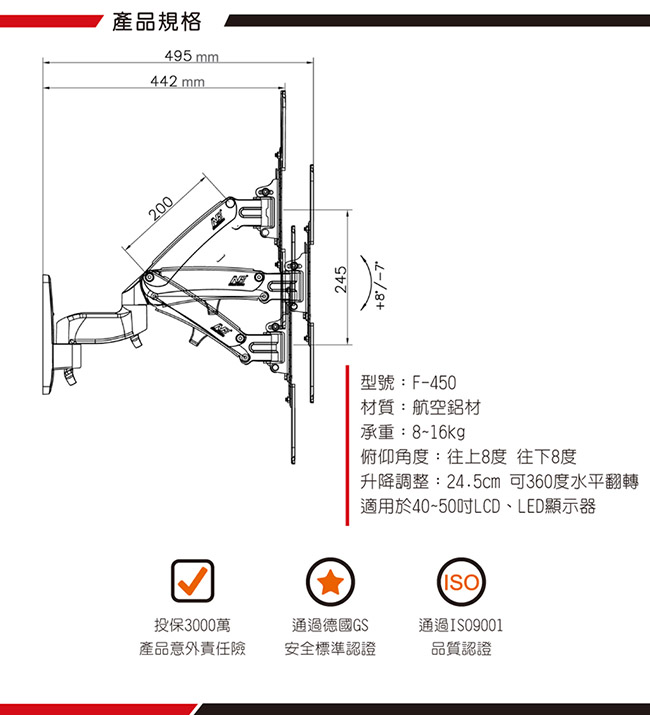 NB F450氣壓式液晶螢幕壁掛架40-50吋適用