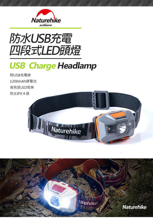 Naturehike 輕便防水USB充電四段式LED頭燈 白紅-急