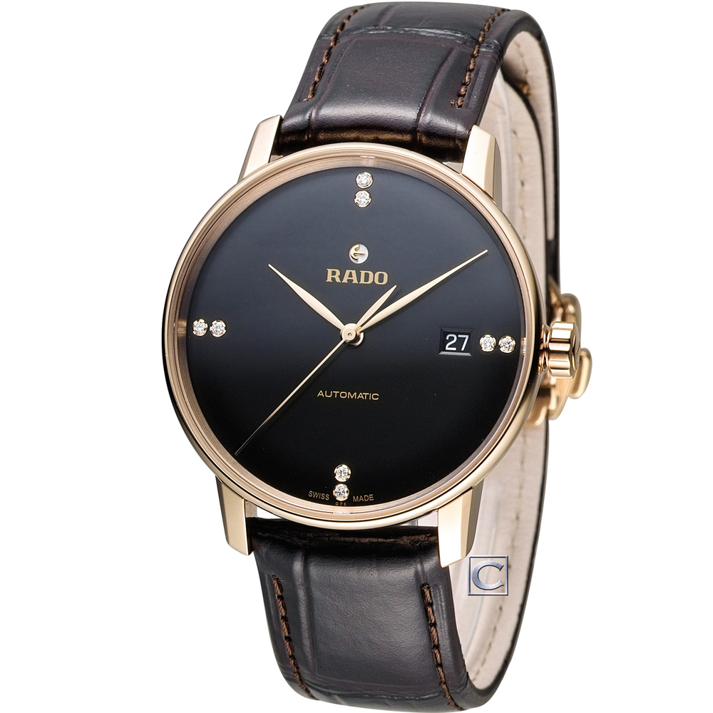 RADO 雷達錶 官方授權(R02) Coupole 系列經典時尚真鑽機械錶-黑x玫瑰金/38mm