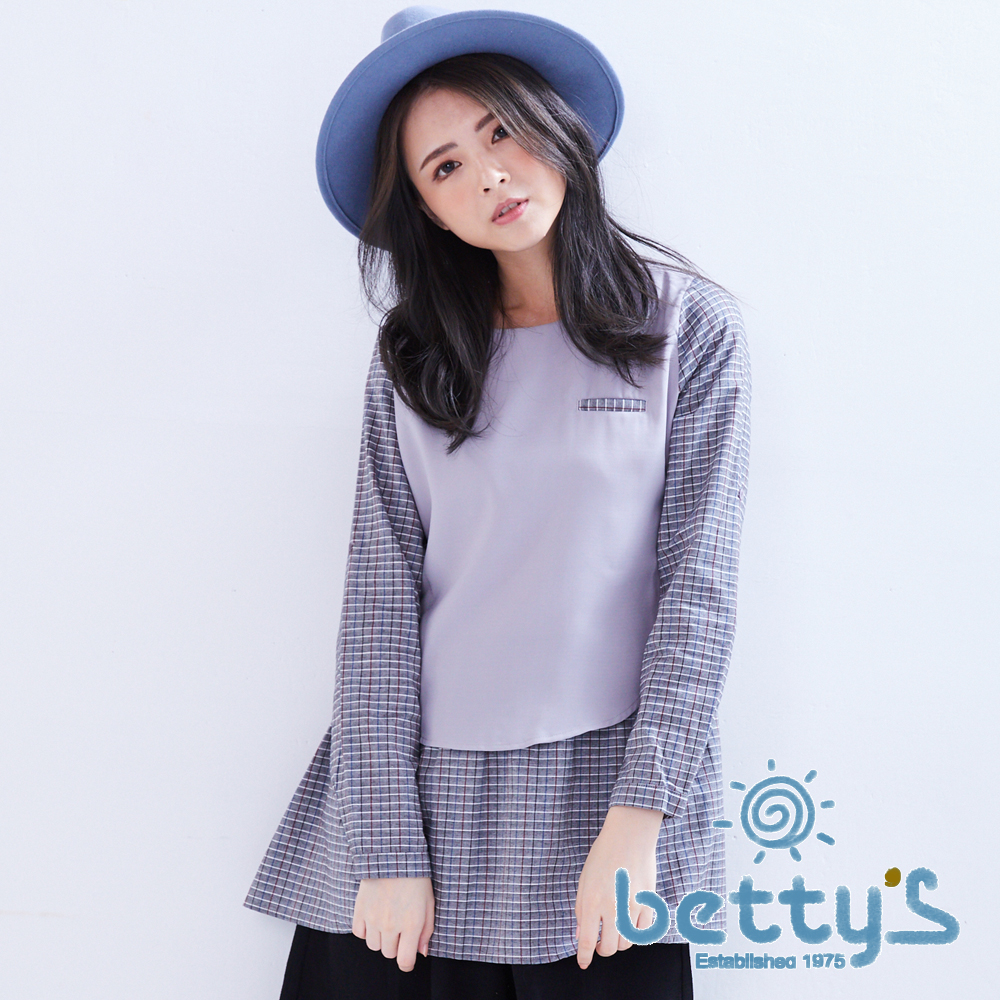 betty’s貝蒂思　知性格紋拼接雪紡假兩件式上衣(灰色)