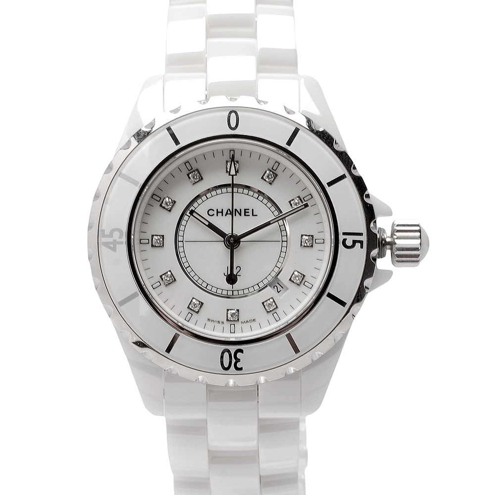 CHANEL 香奈兒 J12 陶瓷珍珠貝水鑽機械錶(H1628)-白/33mm