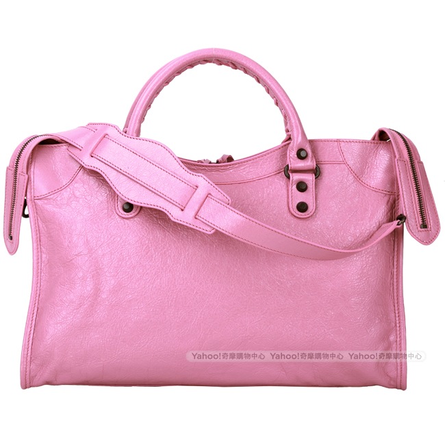 BALENCIAGA City 小羊皮經典釦兩用機車包(玫瑰粉)