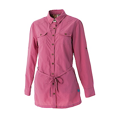 【Wildland 荒野】女抗UV時尚長版襯衫-深粉紅