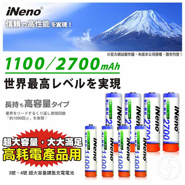 【iNeno】高容量3/4號鎳氫充電電池(各4入)+USB鎳氫電池充電器4槽(401D)