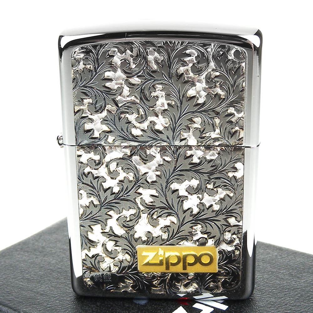 【ZIPPO】日系~銀色鍍鈦-唐草雕花純銀貼片打火機