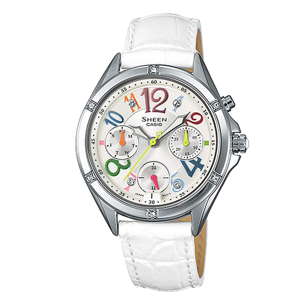 SHEEN 華麗繽紛之美霓虹時刻皮革腕錶(SHE-3031L-7A)-白/35.4mm