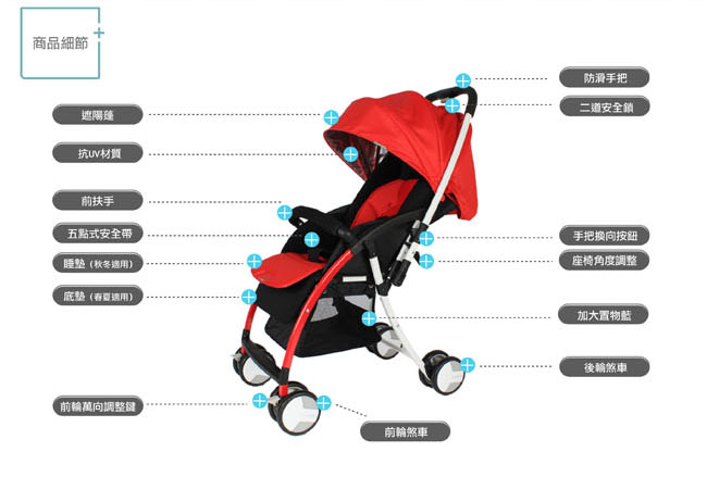 【美國 L.A. Baby】超輕量雙向全罩嬰幼兒手推車 (紅色)
