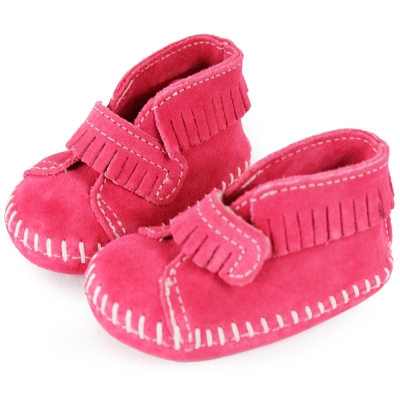 MINNETONKA 粉紅色一體成形流蘇麂皮莫卡辛 嬰兒鞋 (展示品)