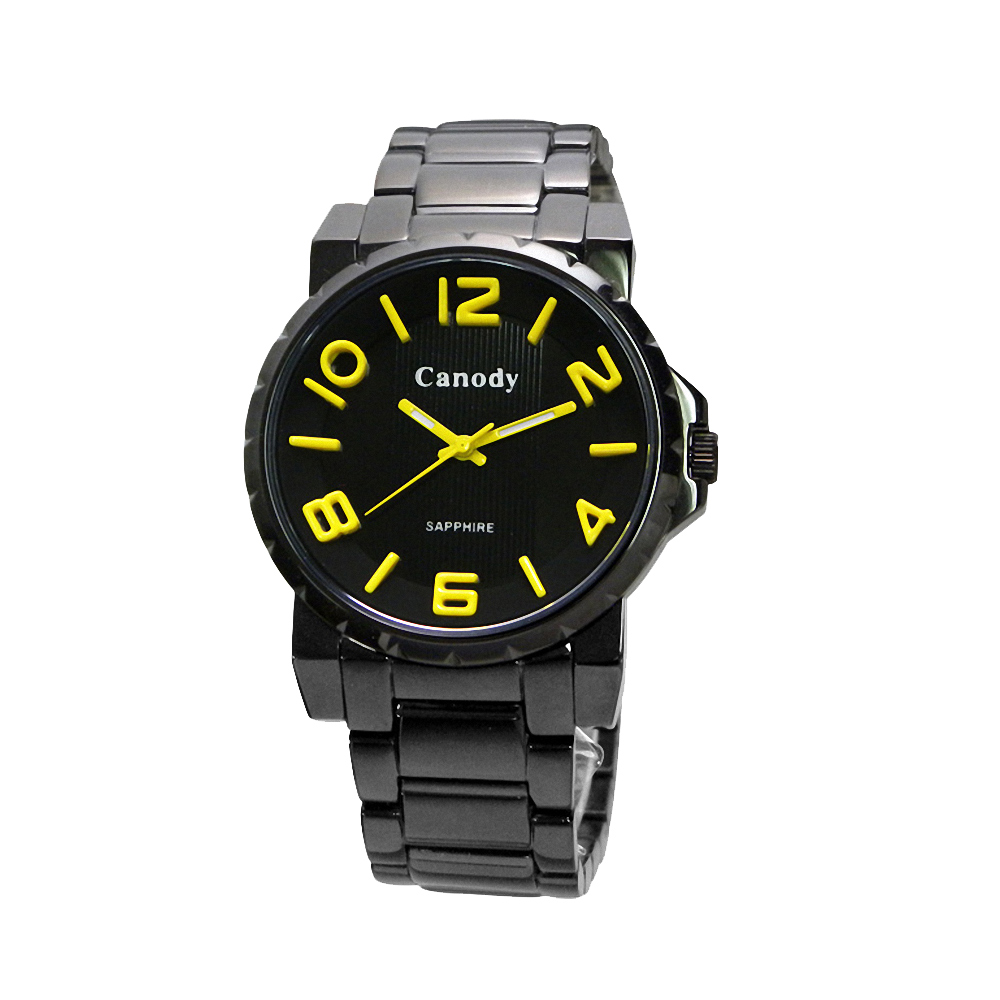 Canody 黑潮時尚彩色數字腕錶-黑x黃指針/42mm