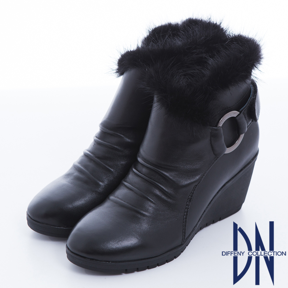 DN 歐美時尚 羊皮環釦設計貂毛滾邊楔型踝靴 黑