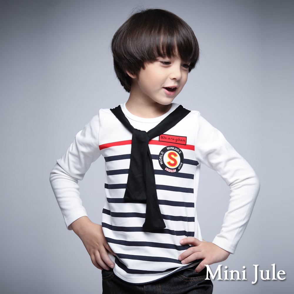 Mini Jule 童裝-上衣 綁帶S字母條紋造型長袖上衣(米白)