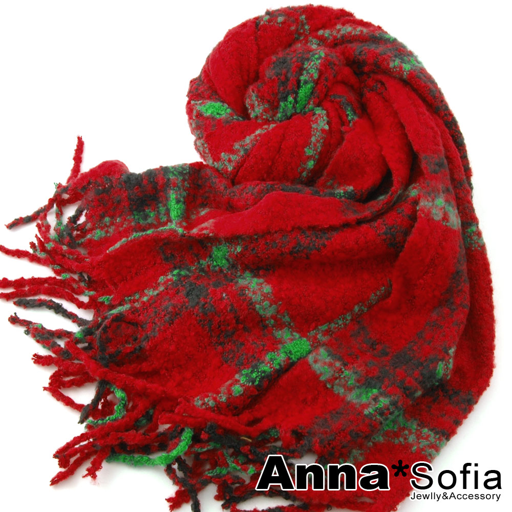 AnnaSofia 虛線格圈絨 鬆軟毛線織圍巾(紅底綠線)