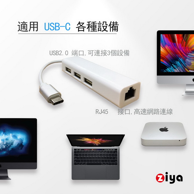 [ZIYA] USB TYPE-C USB 3孔 LAN 集線器與網路線 輕巧款