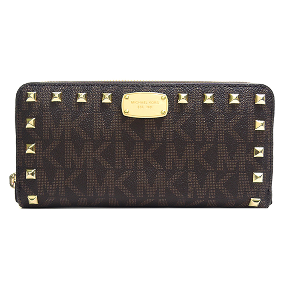 MICHAEL KORS JET SET PVC滿版鉚釘ㄇ字拉鍊長夾(咖啡)