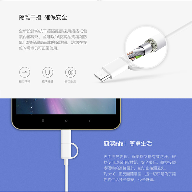 ZMI紫米 Micro USB to Type-C二合一傳輸充電線-30cm(AL511)