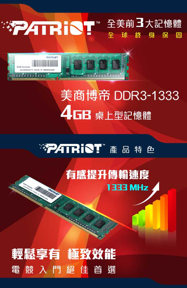 Patriot美商博帝 DDR3 1333 4GB 桌上型記憶體(標準型)