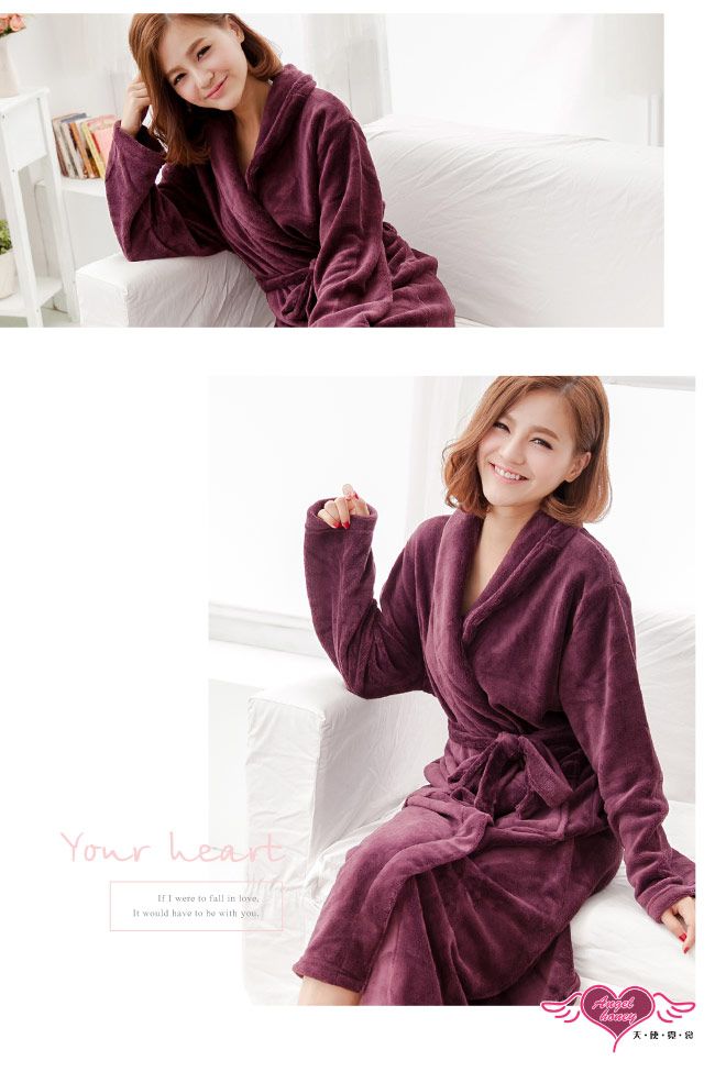 天使霓裳 甜蜜氛圍 柔軟珊瑚絨綁帶睡袍(紫紅F)