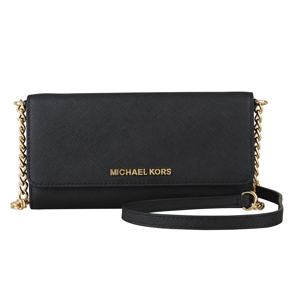 MICHAEL KORS 金字防刮皮革鏈帶長夾/斜背包(大/黑)