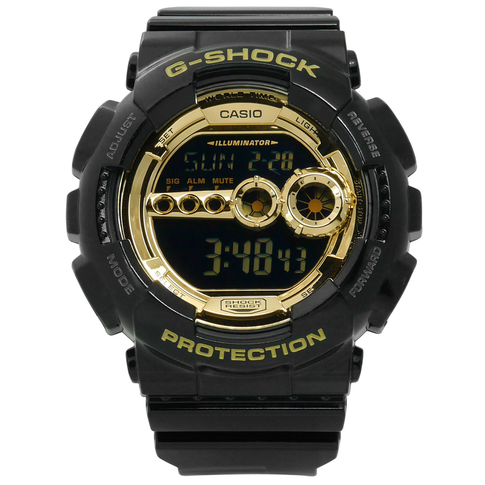 G-SHOCK 菱格壓紋強悍亮眼運動電子橡膠手錶(GD-100GB-1)-金x黑/50mm