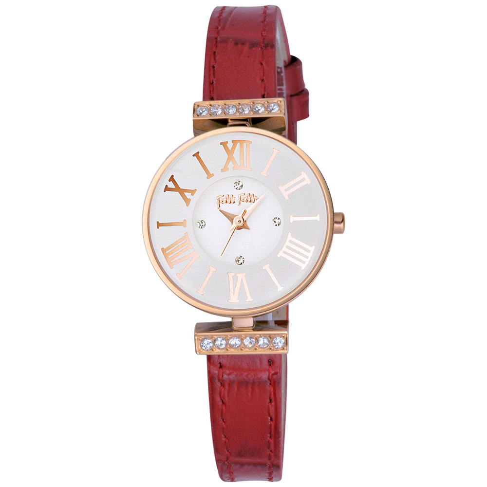 Folli Follie 歐風時尚晶鑽腕錶-白x紅色錶帶/25mm