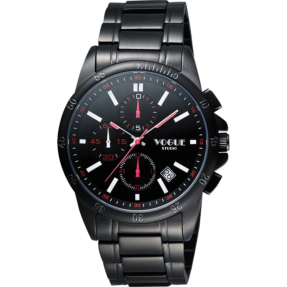 VOGUE 嶄新系列三眼計時腕錶-IP黑x紅白時標/40mm