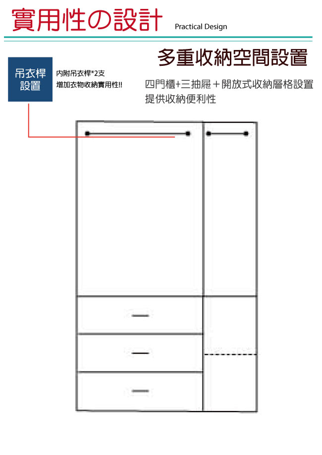 品家居 享家4尺木紋四門三抽衣櫃(二色可選)-119.8x56x209cm免組