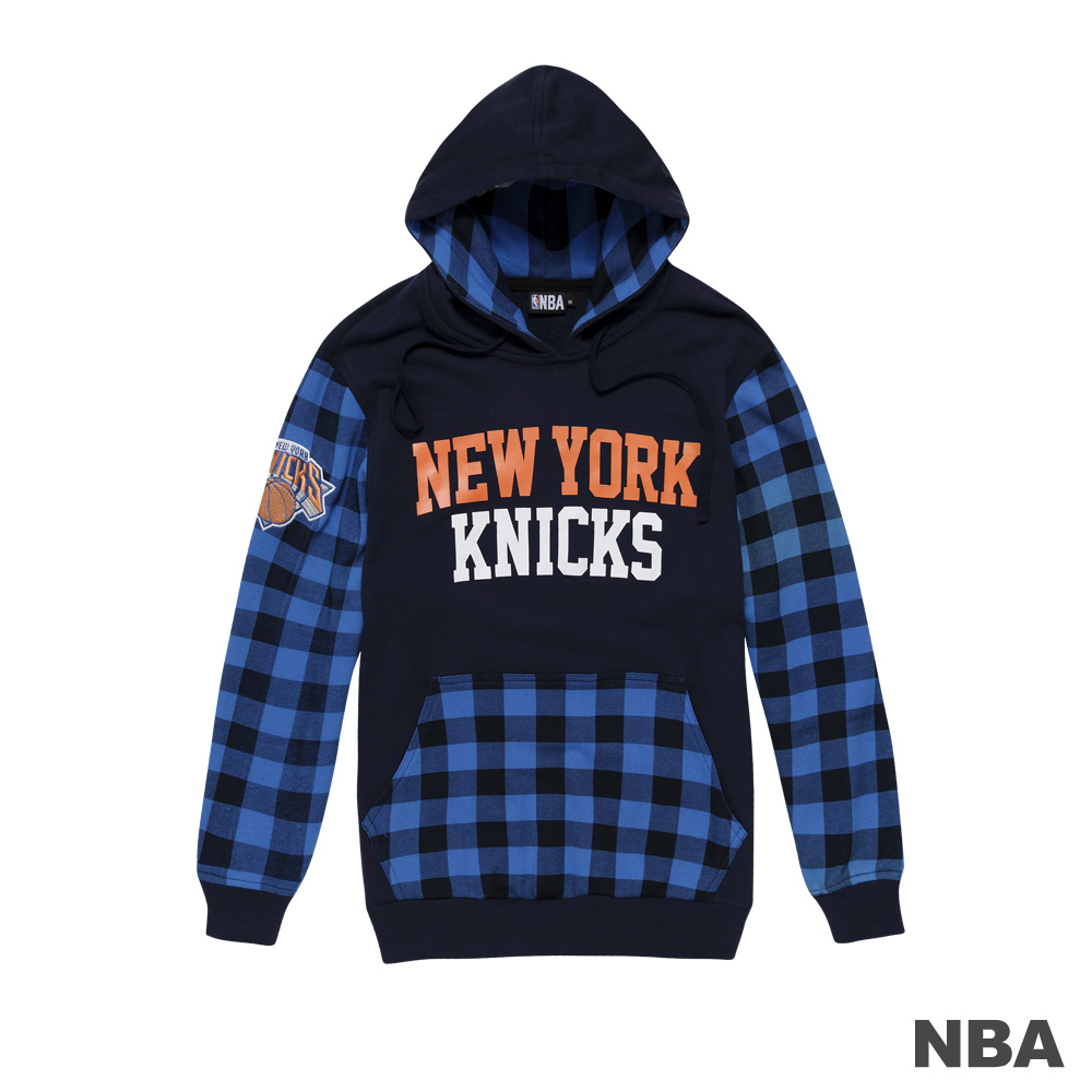 NBA-紐約尼克隊棋盤格紋繡花連帽T恤-藍色(男)