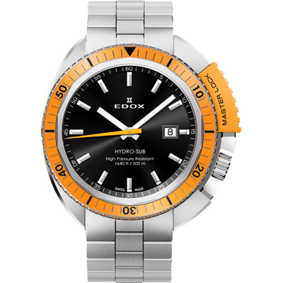 EDOX Hydro Sub 北極潛水500米石英腕錶-黑x橘框/46mm