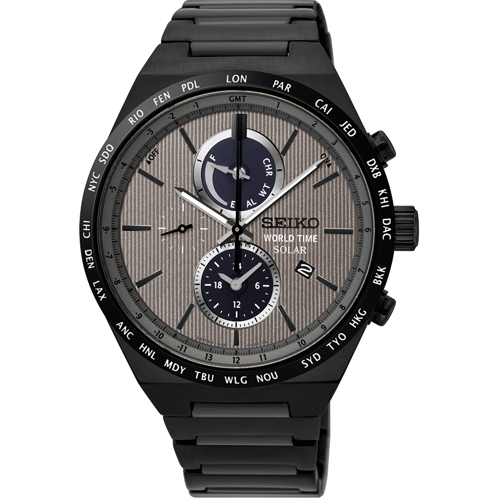 SEIKO 精工 SPIRIT 太陽能兩地時間計時腕錶(SSC527J1)-灰x鍍黑