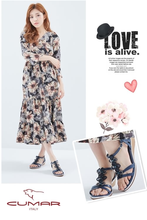 CUMAR閃亮水鑽-寶石花朵造型真皮坡跟涼鞋-藍色