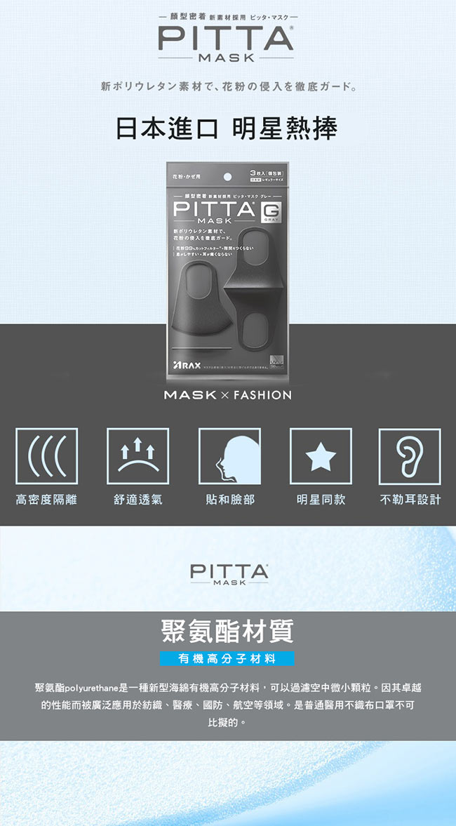 日本PITTA MASK 高密合可水洗口罩-灰黑(3片/包)