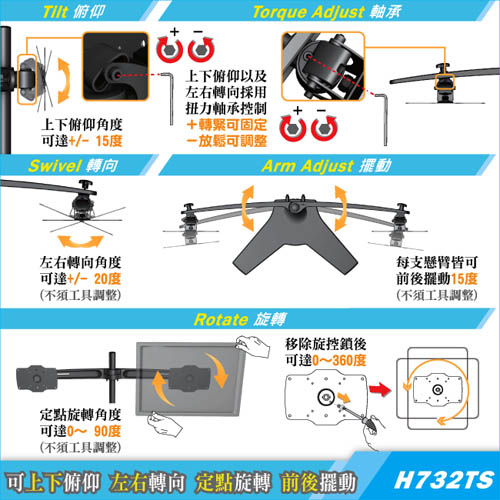 HE桌上型左右雙螢幕架(H732TS)-適用21~32吋