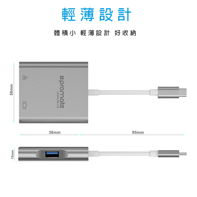 Promate USB Type C to HDMI/RJ45 集線器-UNIHUB-C3