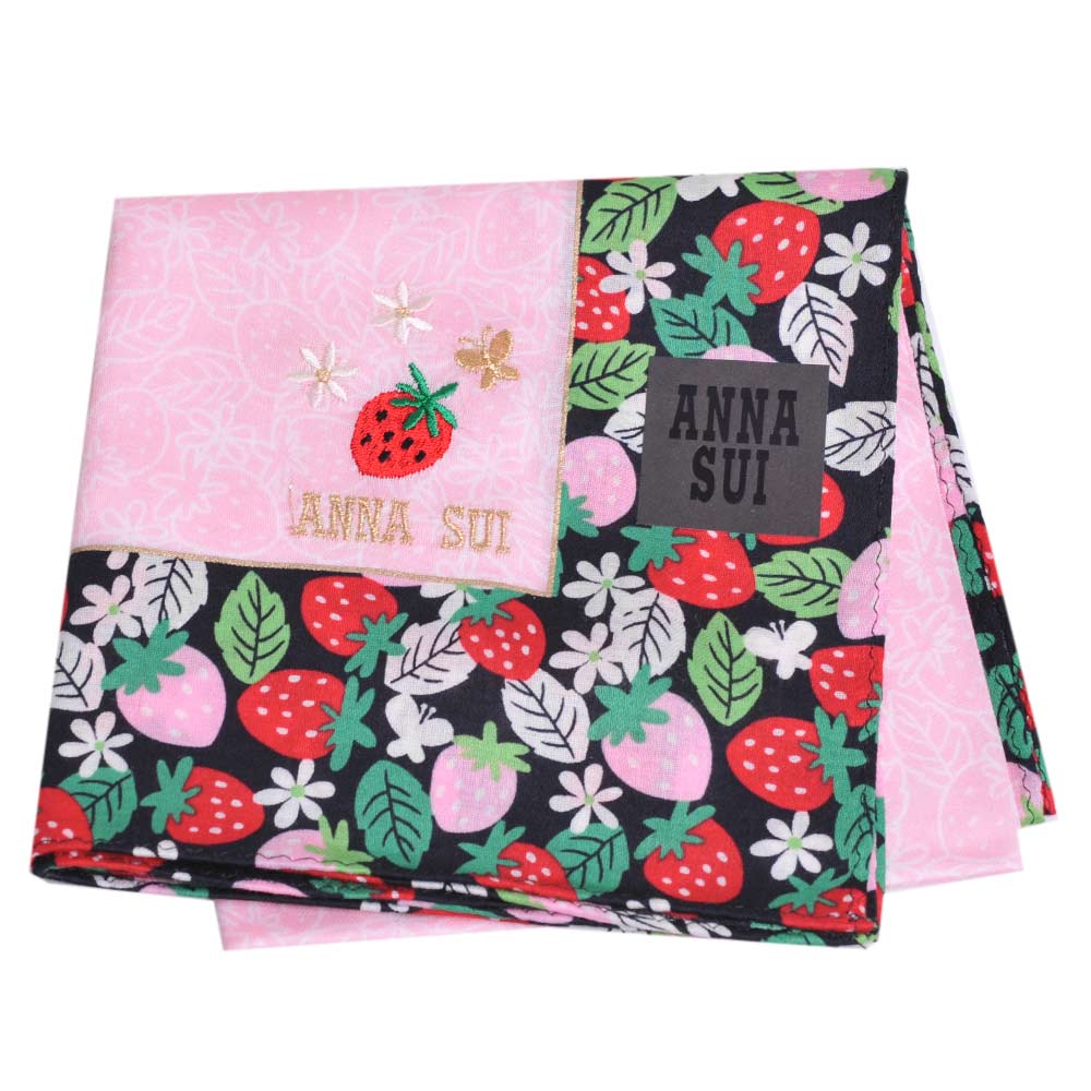 ANNA SUI 刺繡草莓字母LOGO圖騰帕領巾(粉色底)