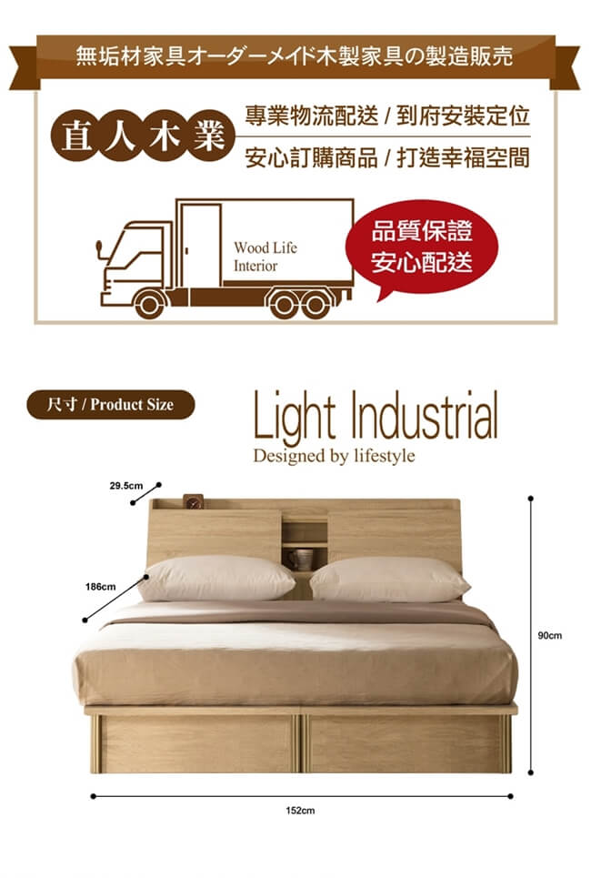 日本直人木業-Light industrial 輕工業風5尺雙人抽屜床組