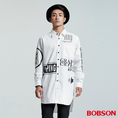 BOBSON 男款長型寬版印圖襯衫-白色