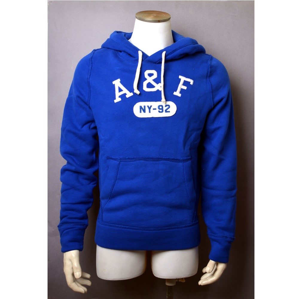 A&F Abercrombie & Fitch刺繡仿舊LOGO內刷毛帽T-藍色