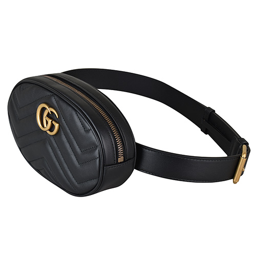 GUCCI Marmont系列復古金屬雙G牛皮愛心車線W字紋拉鍊小型胸掛/腰包(黑)