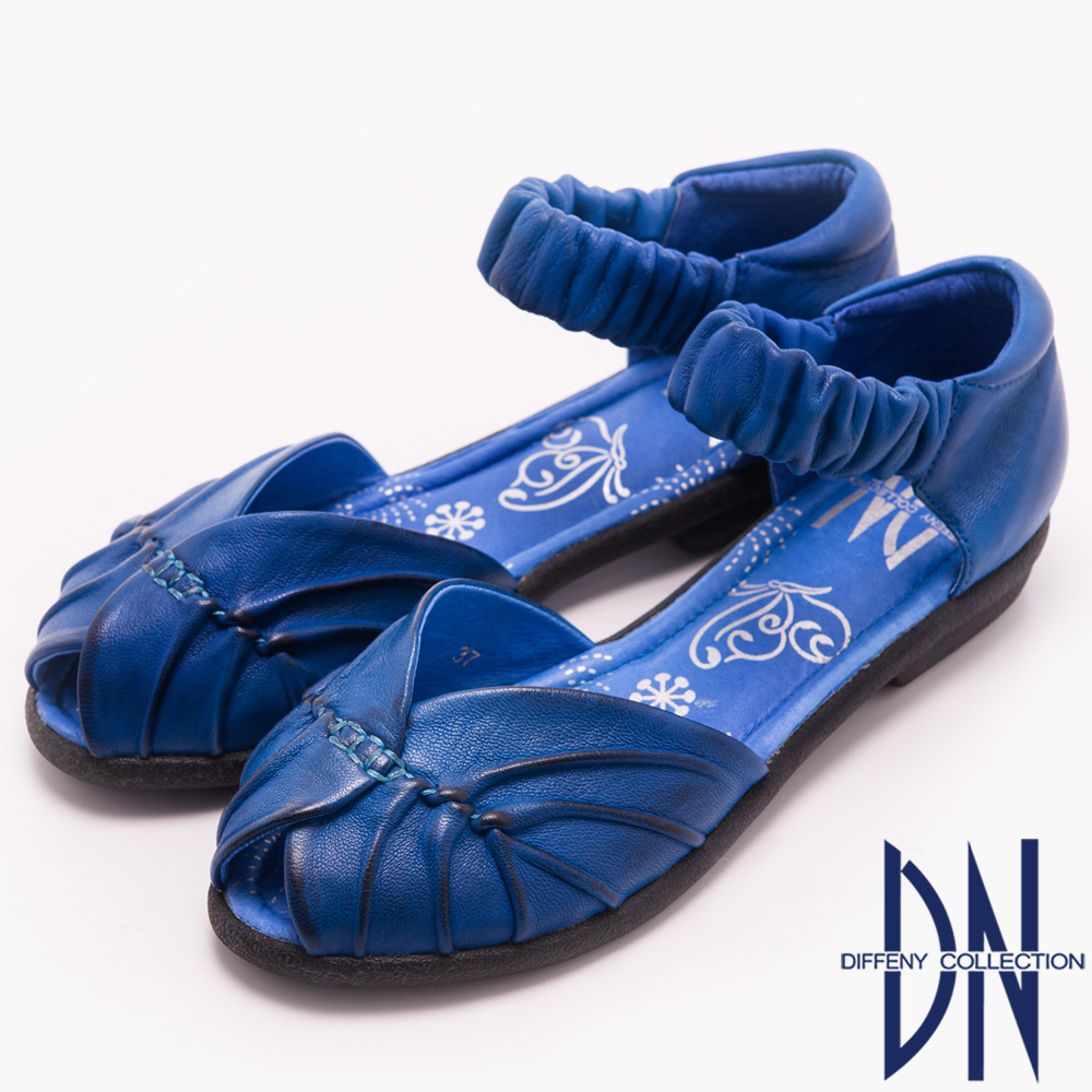 DN 時尚假期 真皮質感鮮豔魚口平底涼鞋 藍