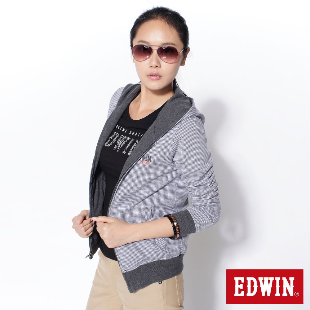 EDWIN 感官效果 千鳥格雙面穿長袖拉T-女款(灰色)