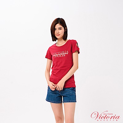 Victoria 文字貼片袖口變化基本短袖T-磚紅
