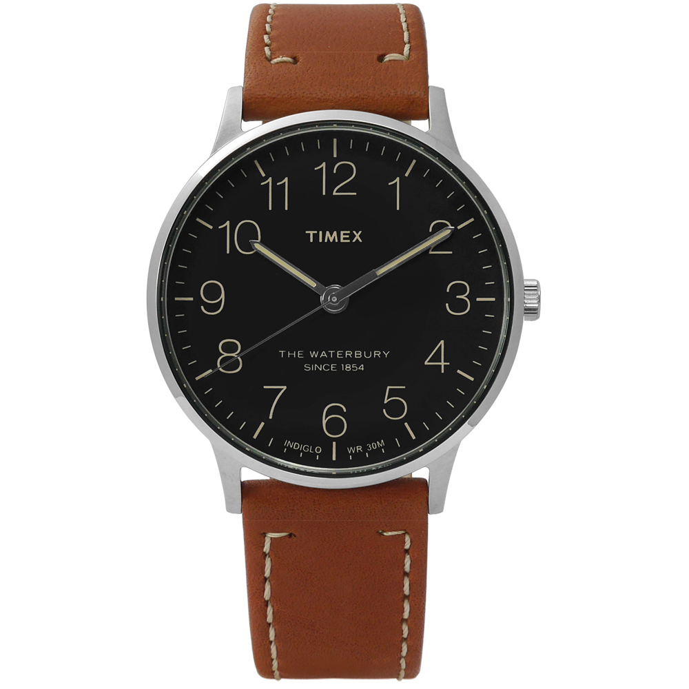 TIMEX 天美時 INDIGLO 美國復古美學清晰面板真皮手錶-黑x咖啡/40mm