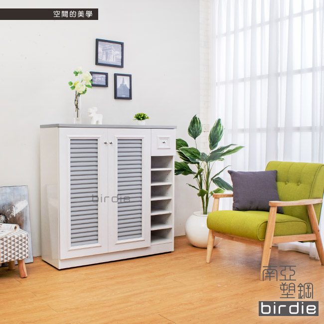 Birdie南亞塑鋼-3.5尺二門單抽右開放塑鋼百葉鞋櫃大理石灰-106x37x107cm