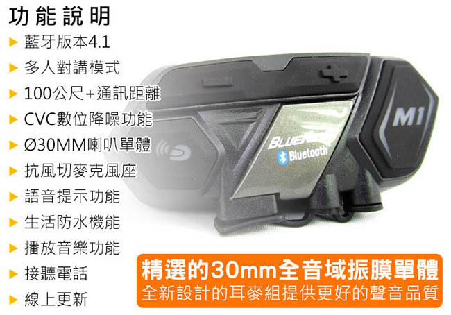 鼎騰 BLUERIDE M1 600mAh電池容量 安全帽藍牙耳機